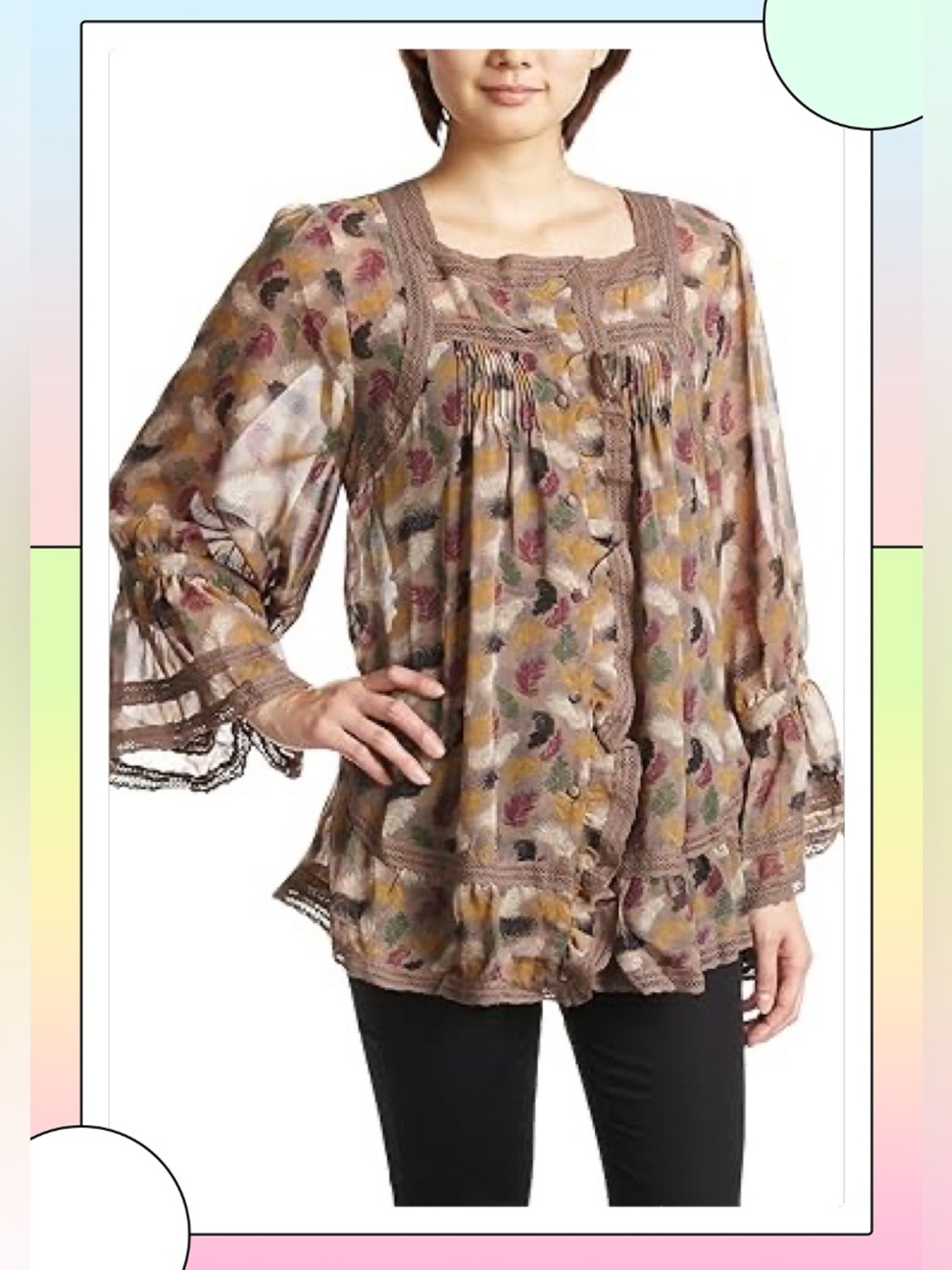 Darling Monica Feather Pattern Lace Ruffle Sheer Blouse Mocha Sz S Boho Artsy